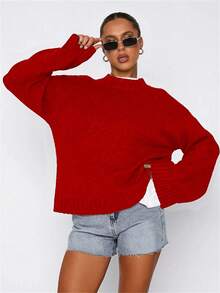 2026 Spring Women's Oversized Mock Neck Knit Sweater - Soft Lightweight Casual Loose-Fit Pullover Women's Soft Lightweight Knit Casual Loose-Fit Top  Lightweight Casual Loose-Fit Pullover  Casual  Elegant  Cute    Rib-Knit    Beach  Home - 紅色 - 查看 5