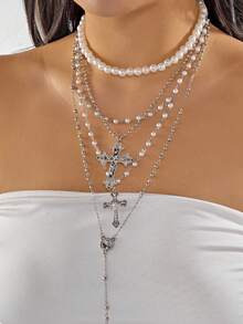 Znice 四件套时尚个性化十字架吊坠项链，嘻哈风格，小众拼接，珍珠长链，锁骨链，父亲节，母亲节 - 4件套款式6 - 查看 3