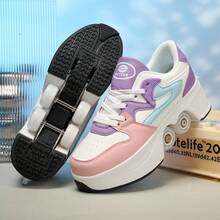 一双男女通用轮滑鞋,适合青少年和学生,四轮隐形可伸缩轮,可变形系带,带刹车功能,适合滑冰和行走,青少年礼物 - 紫色 - 查看 16