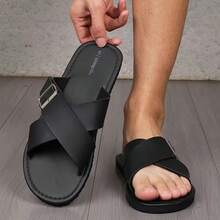 Black Slippers, Comfortable One-Strap Flat Slouchy Sandals, Versatile Men's Beach Slippers - Black - View 1