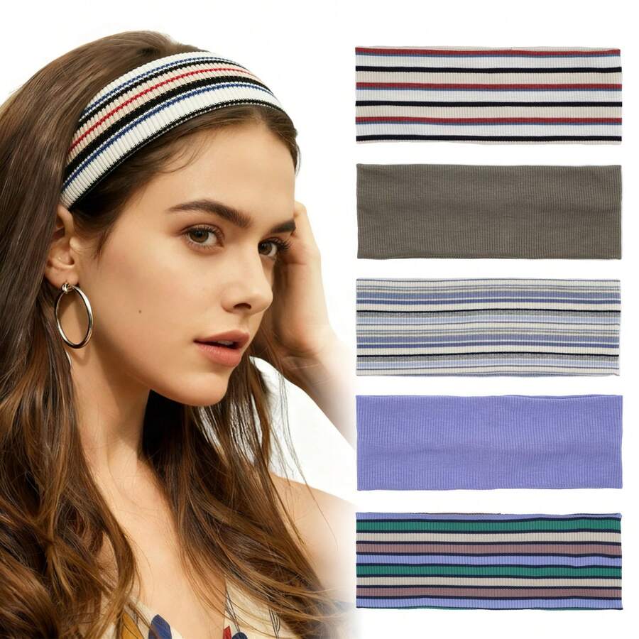 1PC Hairband, Vintage Knitted Headband, High Elastic Wide-Brimmed Striped Solid Color Headband - Sọc xanh trắng - Xem 1