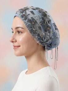 1件装女士奢华时尚头巾，花卉刺绣串珠蕾丝头巾，轻盈透气蕾丝发带，带串珠流苏，用途广泛，适合日常佩戴、派对等多种场合。 - 彩色 - 查看 1