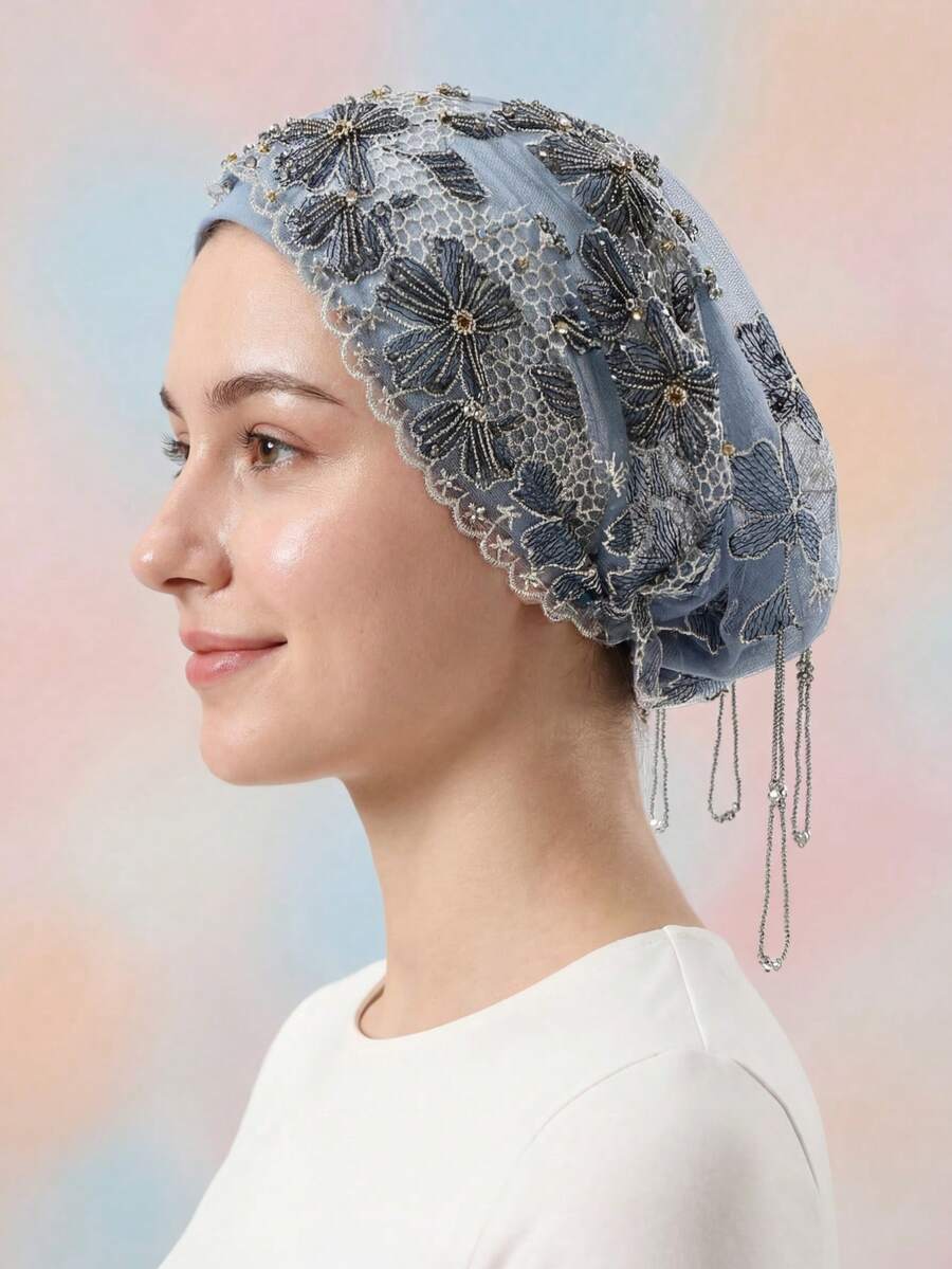 1件装女士奢华时尚头巾，花卉刺绣串珠蕾丝头巾，轻盈透气蕾丝发带，带串珠流苏，用途广泛，适合日常佩戴、派对等多种场合。 - 彩色 - 查看 1