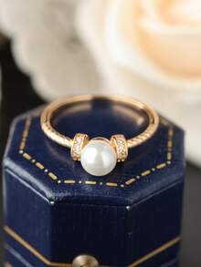 1枚925纯银镀玫瑰金奢华人造玻璃珍珠戒指，镶钻边缘设计，温柔优雅风格女士珠宝 - 白色 - 查看 2