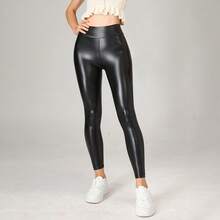 弹力PU皮革紧身裤，纯亮黑色，修身剪裁，适合跑步、健身、瑜伽等冬季穿着。 - 黑色 - 查看 6