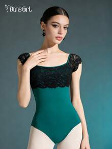 DonsGirl 女士甜美公主芭蕾舞紧身衣，短袖，蕾丝拼接镂空露背设计，花样滑冰及舞蹈表演服，春季款 - 水鴨藍 - 查看 5