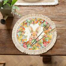 1/4/6pcs Easter Collection, Linen Printed Tasseled Placemat/Coaster With Little Rabbit Surrounded By Easter Eggs And Colorful Flowers - Multicolor - View 3