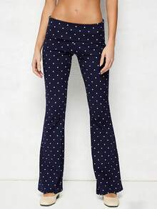 Women's Spring Summer Flared Pants Low Waist Dot Print Loose  Wide Leg Trousers - Deep Blue - View 3