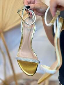 Women's Sandal With Rhinestones And Buckle, 11cm, Angela Galvão - 金子 - 查看 1