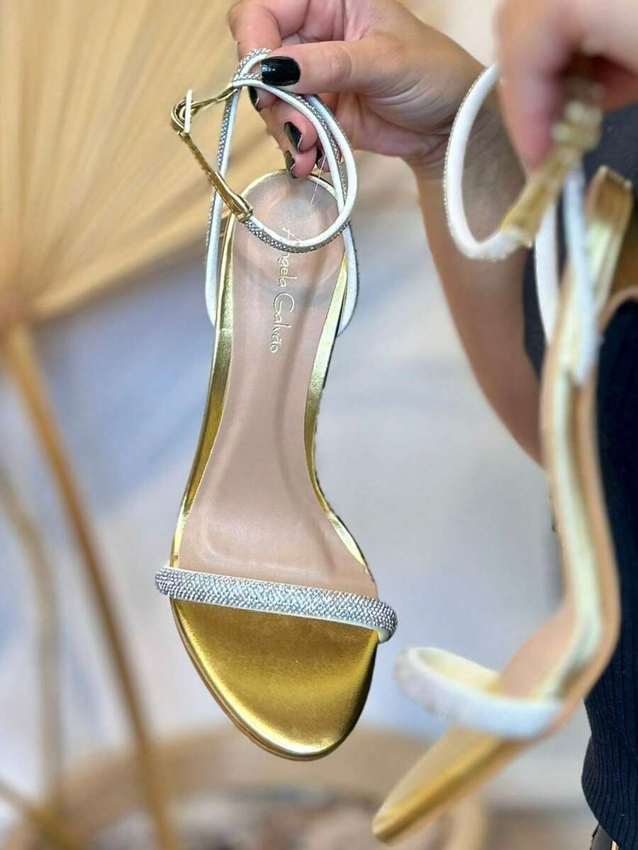 Women's Sandal With Rhinestones And Buckle, 11cm, Angela Galvão - 金子 - 查看 1
