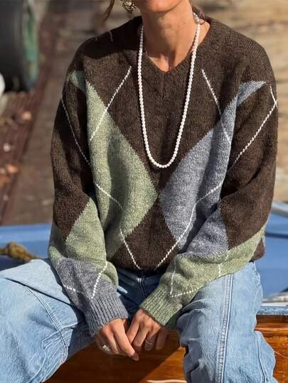 Vintage Argyle Knit Sweater, Women Loose Fit Long Sleeve Top, Versatile For Autumn/Winter