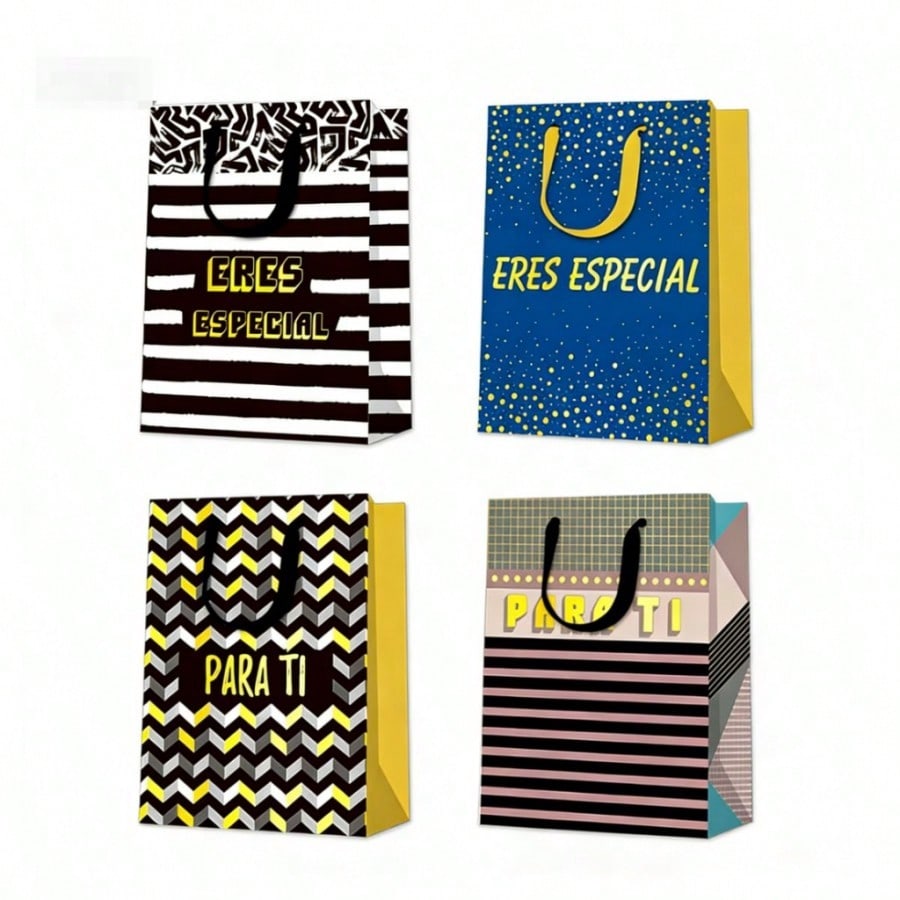 Bolsas de Regalo con Asas 12 PCS - 26x32x12 cm - Estampados Geométricos con Frases en Español, Surtidas