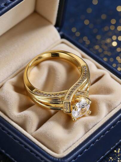 Charm-In Women's Gold-Plated Cubic Zirconia Ring, Multi-Layer Ring Band With Modern Square Base Design, Luxury Bridal Style, Ideal For Engagement/Wedding Wear, Luxury Gift For Girlfriend Anniversary