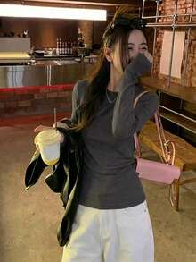 Slim Fit Round Neck Dark Grey Casual Street Style Fashion New Year Round Neck Long Sleeve T-Shirt For Women, Spring/Autumn - 009 Dark Gray - View 1