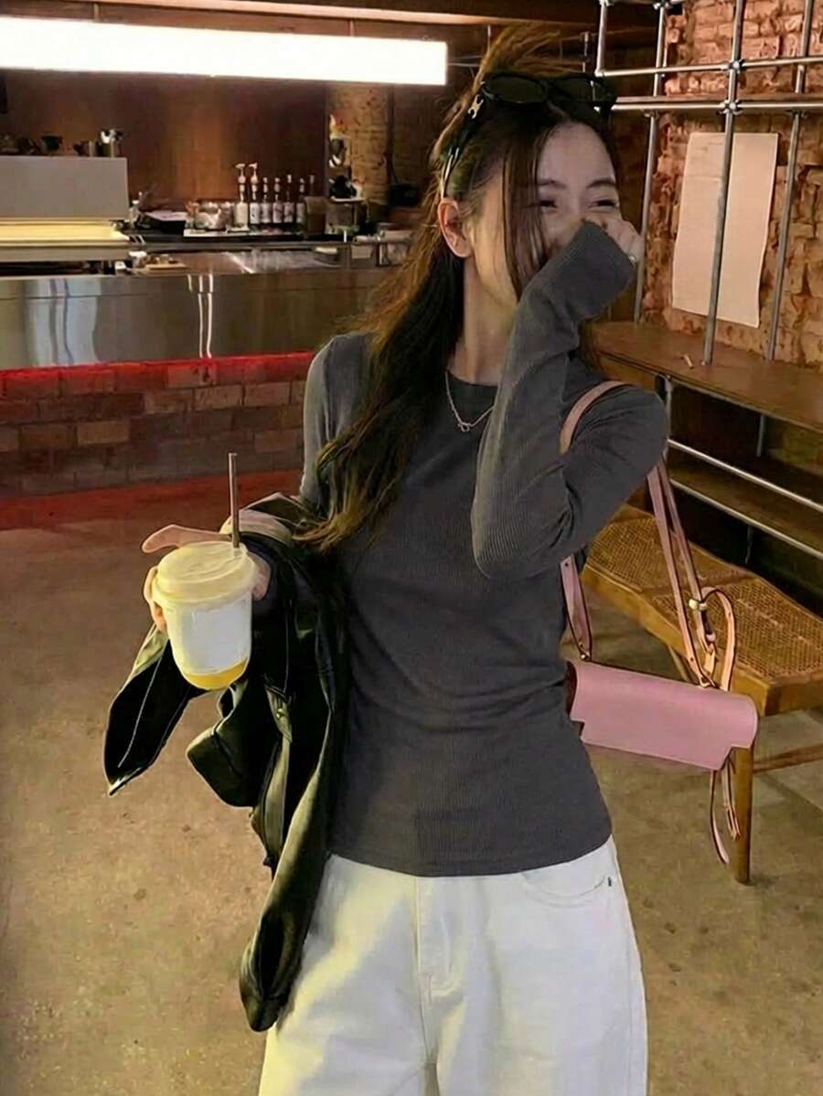 Slim Fit Round Neck Dark Grey Casual Street Style Fashion New Year Round Neck Long Sleeve T-Shirt For Women, Spring/Autumn - 009 Dark Gray - View 1