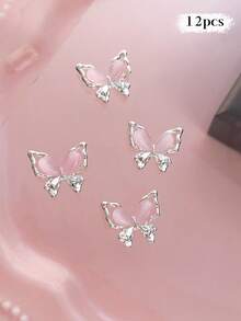 12/240件粉色系列金属美甲饰品：心形、行星、月亮、十字架、蝴蝶结、泰迪熊、星光、水钻银色美甲装饰，奢华金属美甲用品，闪亮粉色水晶美甲宝石，适用于多功能DIY美甲配件 - 彩色 - 查看 33