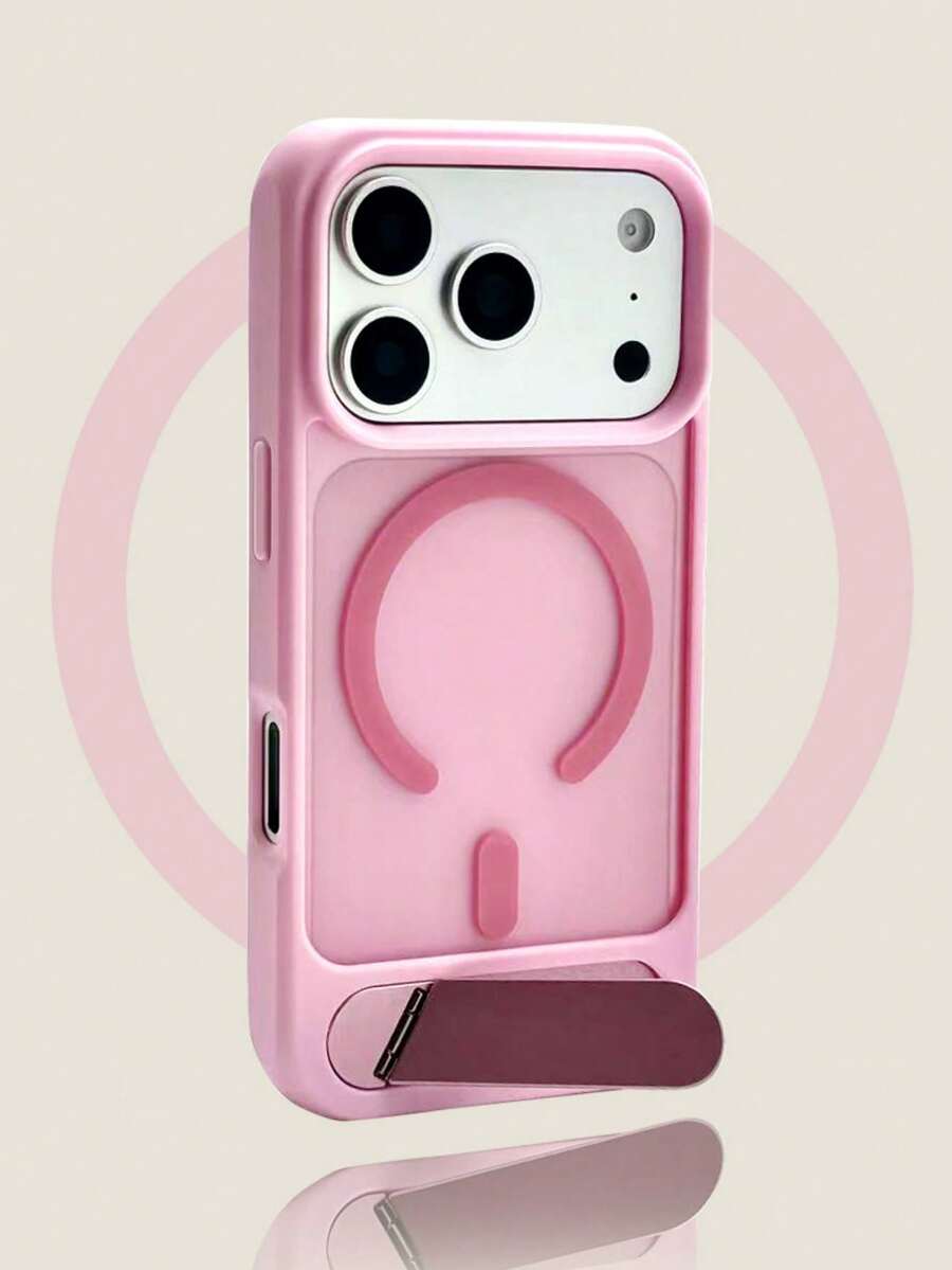 1pc PC Semi-Clear Matte Magnetic Phone Case + Metal Bracket Compatible With IPhone 17 Pro Max 16 15 11 12 13 14 Pro Max Plus 17 AIR Cases Matte Clear - Pink - View 1