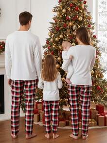 Family Matching Christmas Pajama Set, Solid Color Long Sleeve Tops And Plaid Pants Sleepwear Outfits - White - View 3