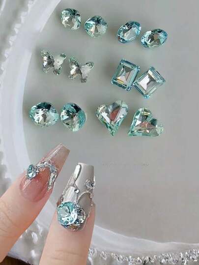 10/20颗新款奢华浅蓝色尖头底部美甲水钻，多面闪亮粉蓝色不规则水滴蝴蝶美甲宝石，美甲用品，Y2K风格，DIY美甲装饰组件，美甲配件