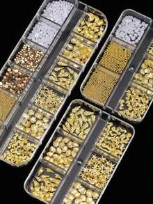 1/3盒夏季海洋3D美甲饰品 - 海星、贝壳、海马、金属铆钉、平底白珍珠和金色水钻 - 美人鱼美甲装饰 DIY美甲用品 美甲宝石 - 彩色 - 查看 3