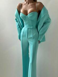 Women's Suit Suit Simple Solid Color Elegant Temperament Fashion Casual Urban Commuter Suit Set Sexy Suspender Bra Loose Drape Pants Long Sleeve Lapel Button Coat Business Etiquette Clothing Three-Piece Set - 綠色 - 查看 2