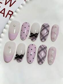10pcs Short Oval Handmade Delicate Nail Art, French Purple Pearl Dotted Plaid Design Enhances Sweet Atmosphere, Rhinestone Decor Random Glossy False Nails Accessories - Multicolor - View 10