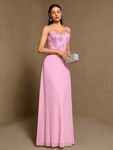 女士3D亮片花卉雪纺无袖长裙，优雅伴娘礼服，正式晚礼服，适合婚礼宾客、毕业典礼、盛大晚宴、生日派对等场合，春夏款 - 粉色 - 查看 8