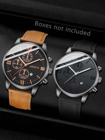 2Pcs Men's Male PU Leather Strap Quartz Watch Combination Set Business Retro Roman Scale Calendar Minimalist Dial Used For Daily Wear Decoration Or As A Holiday Gift For Friends And Fathers