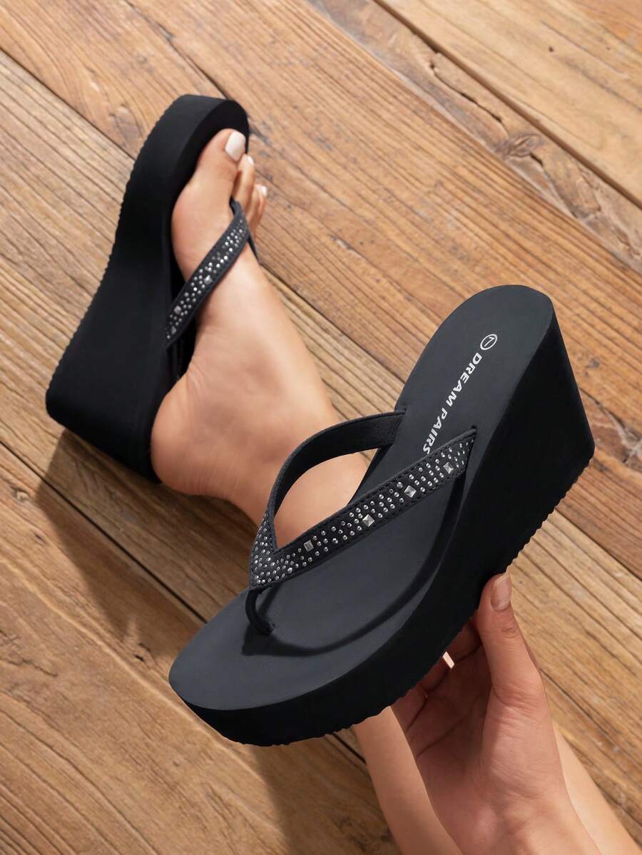 Women'S Platform Flip Flop Rhinestones Arch Support Comfortable Soft Cushion Wedge Flip Flops Summer Thong Sandals - Màu xanh hải quân - Xem 1
