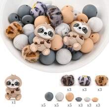 34pcs 3D Cartoon Sloth Silicone Bead Combo Set, Silicone Round Beads, Flat Beads, Plush Leopard Print Beads, Multi-Functional Handmade Beading Materials For DIY Beaded Pens, Phone Straps, Keychains, Durable Silicone Beads - Multicolor - View 7