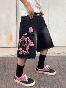 1件男士刺绣做旧牛仔短裤，美式休闲宽松毛边百慕大短裤（产品不含腰带和配饰） - 黑色 - 查看 7