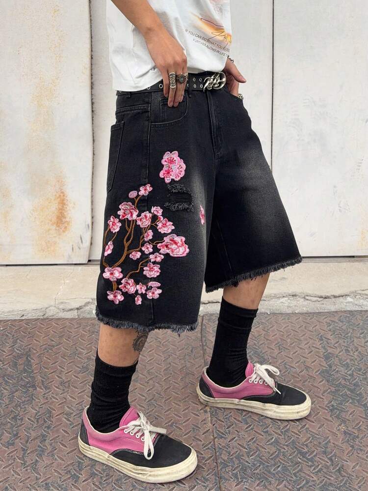 1pc Men's Embroidered Distressed Denim Shorts, American Casual Loose Fit Frayed Hem Bermuda Shorts (Product Does Not Include Belt And Accessories) - Black - View 7