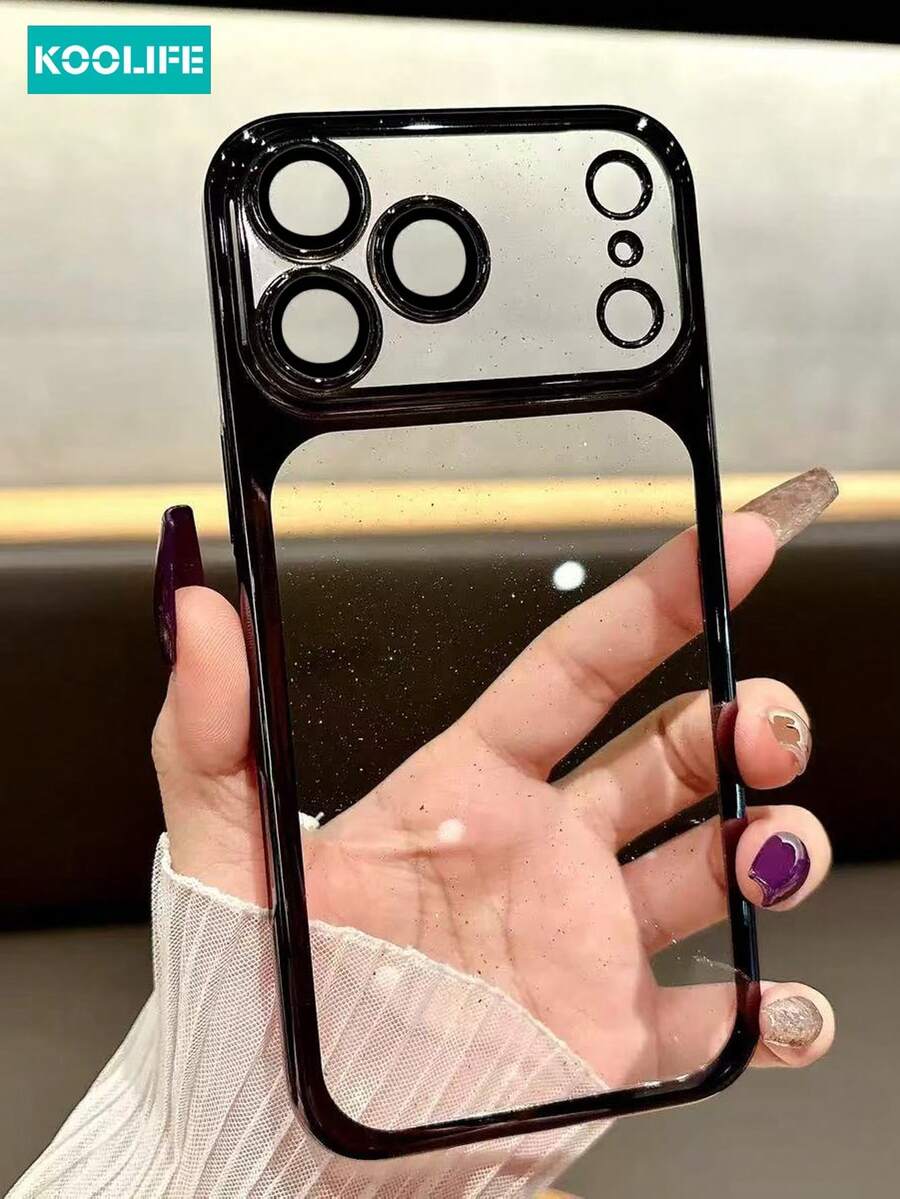 KOOLIFE 1pc Electroplated Metallic Paint PC Phone Case, Full Coverage Glitter Shell With Built-In Lens Film, Raised Lens Protection Fashionable Phone Case, Compatible With IPhone 17/17 Pro/17 Pro Max - Black - View 1