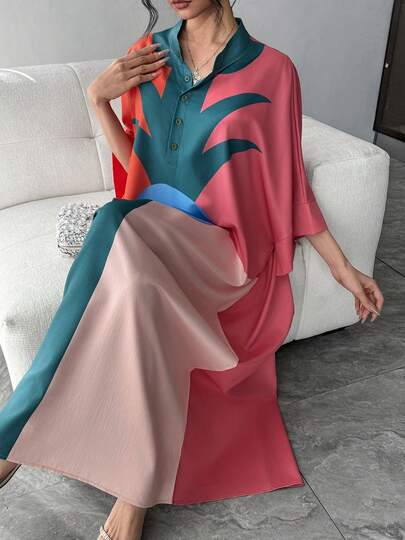 1pc Women's Arabic Abaya Dress, Colorblock Geometric Print, Mandarin Collar, Single-Breasted, Raglan Sleeve, Oversized, Maxi Length, Casual Dress, Elegant Arabic Abaya Dress, Luxury Party Gown, Arabic Clothing Spring