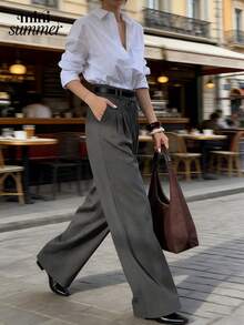 minisummmer Women's New Arrival Spring Summer Gray High-Waisted Drawstring Wide-Leg Tailored Pants - Soft Breathable Flowy Wrinkle-Resistant Elegant Valentine's Day Date Vacation Beach Party Carnival Casual Daily Office Weekend Outfits - Grey - View 10