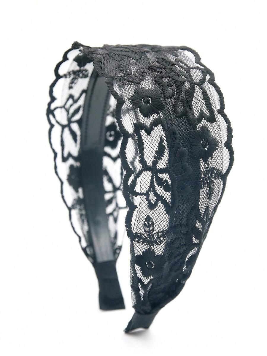 1pc Women's White Lace Embroidered Headband, Elegant Bohemian Style Hair Accessory Suitable For Daily Outings, Travel, Dates, Dining Out - Black Lotus Flower Wide Headband - View 1