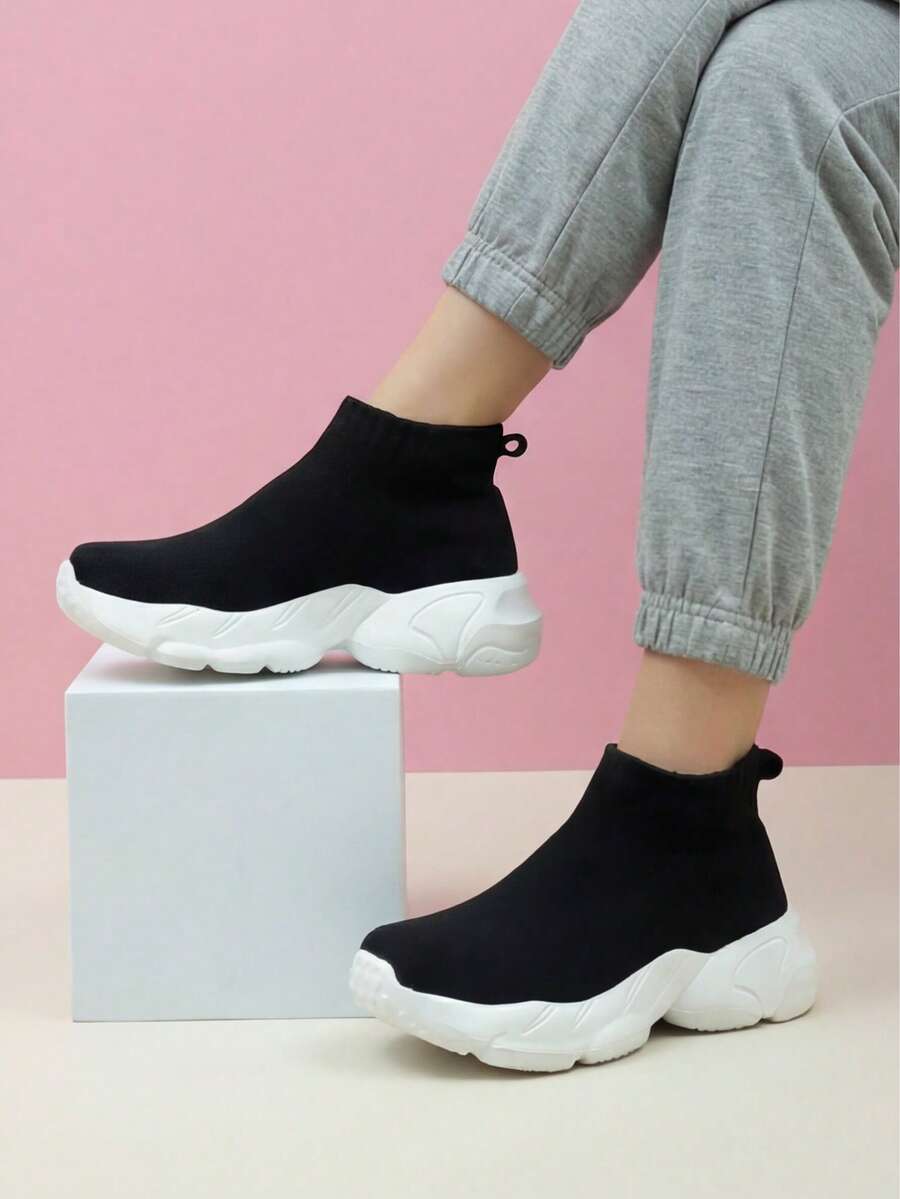 女式黑色高帮针织缓冲减震袜鞋，休闲运动舞蹈鞋