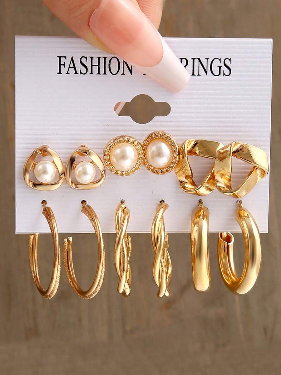 12件套女士不规则时尚耳环套装，适合日常佩戴 - 金黃色 - 查看 1