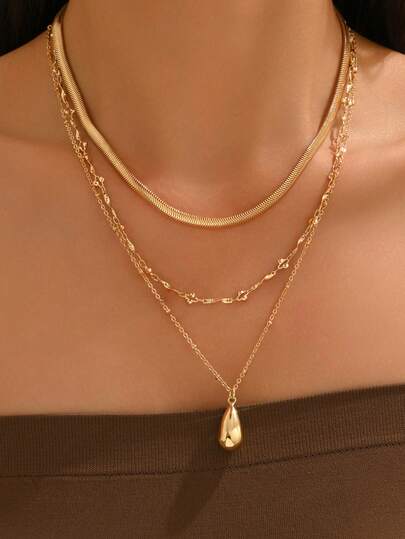 3pcs/Set Minimalist High-End Gold Tone Chain Necklace, Vintage Water Drop Pendant Necklace Jewelry Set, Suitable For Daily Wear, Dates, Parties, Music Festivals, Chain Length Varies