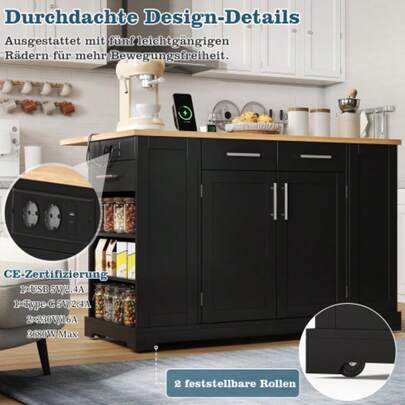 138 cm, modernt köksbord med fällbar arbetsyta, tystgående hjul, EU-kontakt, justerbar hylla och uttagbar papperskorg – svart trälook