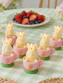 1个可爱兔子茶杯硅胶蜡烛模具，可重复使用，易于清洁，适用于DIY香薰蜡烛/石膏装饰品，复活节家居装饰及礼品 - 白色 - 查看 5