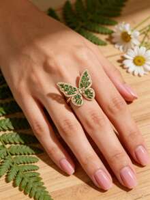 1pc Silver Multi-Color Copper Plated Gold Butterfly Shape Ring With Cubic Zirconia, Suitable For Everyday Wear - Black - View 9