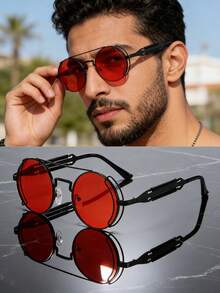 1 Piece Of Men's Round Metal Fashion Glasses With . Steampunk Futuristic Sci-Fi Style Glasses, Suitable For Music Festivals And Everyday Wear. - Round - View 2