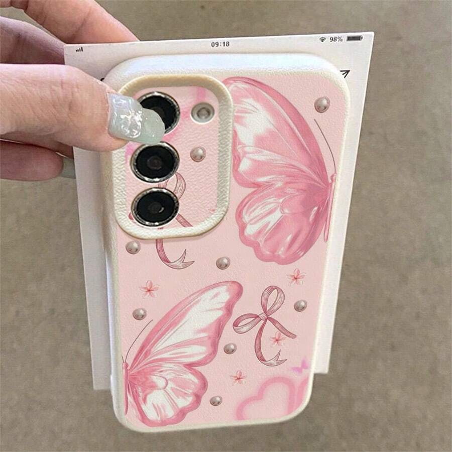 1pc TPU Pink Half Butterfly Pattern Phone Case Compatible With Samsung A15/A14/A13/A12/S24/S23/S22/S21/S20/S10/A72/A73/A71/A50/A53/A52/A32/A31/A05S - White - View 1