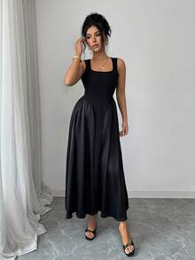 Women's Summer Dress, Solid Color Elegant Square Collar Satin Patchwork Dress, Suitable For Work, Vacation, Date And Multi-Occasion Wear Black - Black - View 5