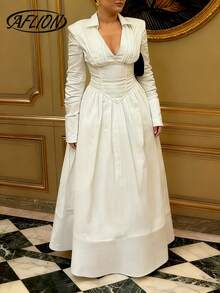 Aflion 大码女式V领半开衩长袖衬衫裙，优雅简约复古米色连衣裙，适合约会、派对、音乐会、酒吧、聚会、商务、办公、休闲穿着，春夏皆宜。 - 米色 - 查看 2