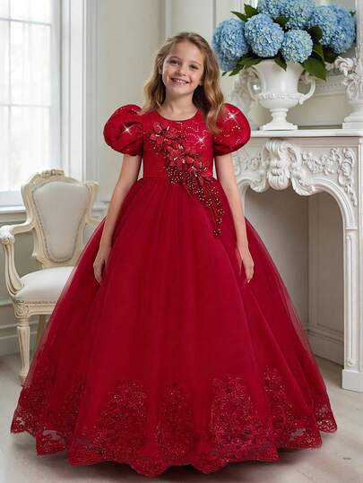 Young Girls Floral Embroidered Mesh Party Dress, Suitable For Banquet, Birthday Celebration, Without Headband