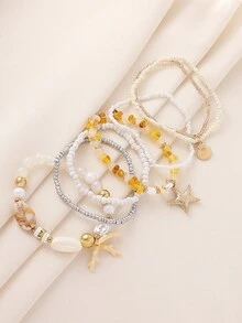 7pcs/Set Pink Series Girly Beach Vacation Style Shell, Starfish & Bead Elastic Bracelet Set, Suitable For Women's Vacation & Daily Wear (Handmade Beading, Bead Quantity And Sequence Position Are Random) - White - View 6