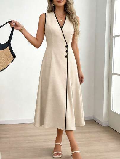 2026 Women's Vintage French Style Sleeveless Dress, Elegant Crossed V-Neck Button Design Dress, Suitable For Evening Date, Home, Holiday, Daily Wear, All Seasons