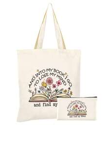 5/2/1pcs Floral & Book Reading Themed Canvas Zipper Storage Bags Gift Packaging Set, Creative "You're Awesome" Motivational Small Gift Bags, Suitable For Back To School, Graduation, Travel, Birthday, Anniversary, Teacher's Day, Appreciation Gifts - Beige - View 62